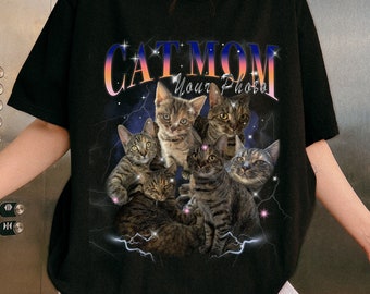 Camiseta personalizada com estampa de gato e cachorro, estilo bootleg rap unissex, camiseta vintage com estampa dos anos 90, camiseta personalizada com foto de gato, camiseta para mães de gatos.