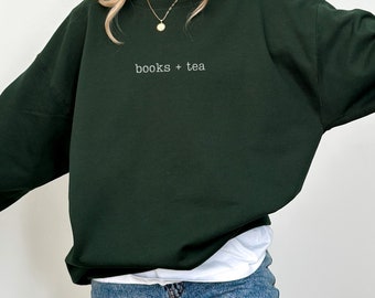 Books + Tea Typewriter Sweater,  Book Lover, Cosy Jumper, Minimalist Hoodie, Bookish Shirt, Gift, Writer, Christmas Sweater Gift, Mum Gift