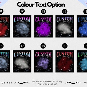 May include: Ten different color options for a customizable t-shirt design. The design features a black background with a white cloud and stars, and the text "CUSTOM Your Photo".