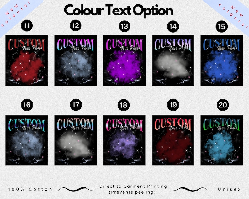 May include: Ten different color options for a customizable t-shirt design. The design features a black background with a white cloud and stars, and the text "CUSTOM Your Photo".