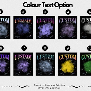 May include: Ten different color options for a customizable t-shirt design. The design features the word "CUSTOM" in a bold font with a cloud and lightning bolt graphic. The text "Your Place" appears below the word "CUSTOM".