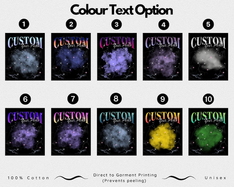 May include: Ten different color options for a customizable t-shirt design. The design features the word "CUSTOM" in a bold font with a cloud and lightning bolt graphic. The text "Your Place" appears below the word "CUSTOM".