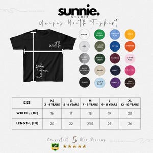 May include: A black youth t-shirt size chart featuring a graphic of a t-shirt with width and length lines, a color palette of twenty circles, and a table listing sizes XS to XL with corresponding width and length measurements in inches.