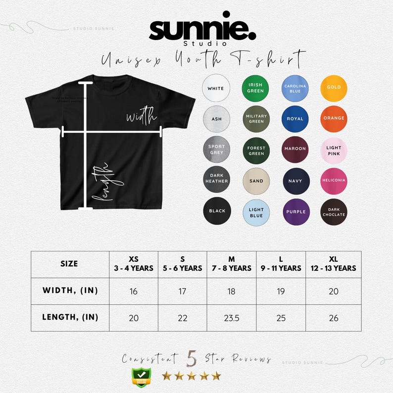 May include: A black youth t-shirt size chart featuring a graphic of a t-shirt with width and length lines, a color palette of twenty circles, and a table listing sizes XS to XL with corresponding width and length measurements in inches.