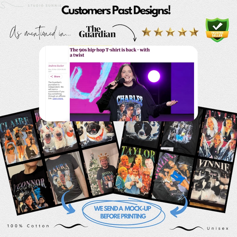 May include: A collage of custom designed t-shirts featuring various images and text. The shirts are black and feature a variety of designs, including a dog, a person, and a group of people. The text on the shirts includes names like "Connor", "Laura", "Jonina", "Taylor", and "Vinnie". The text "We send a mock-up before printing" is also included in the image.