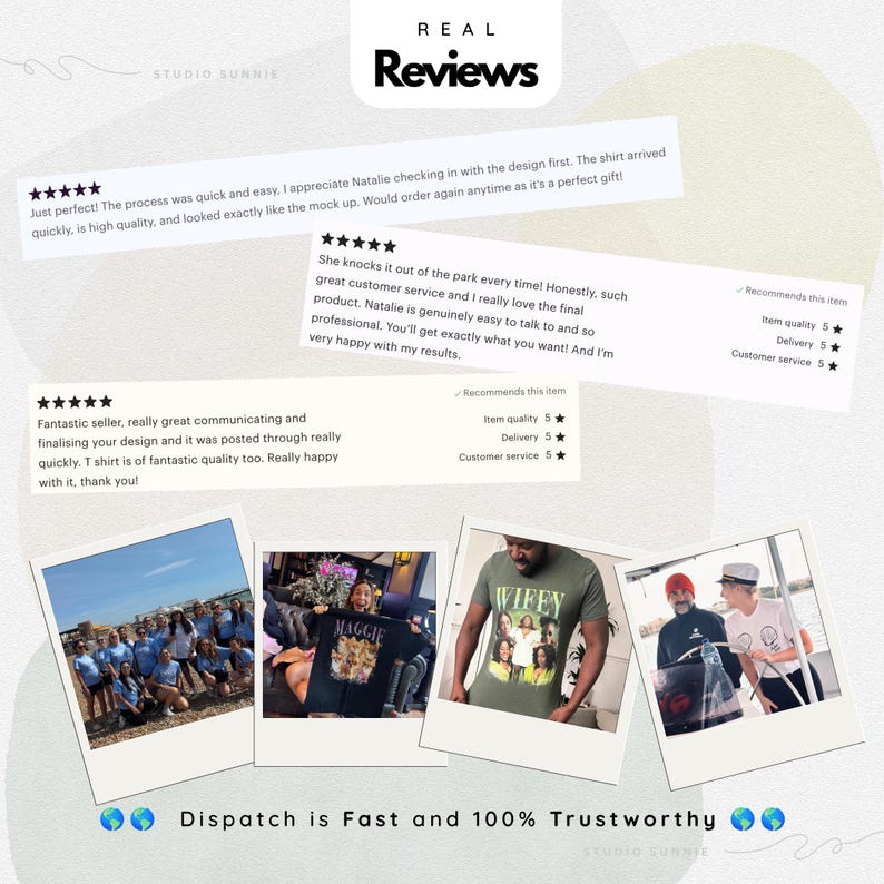 May include: A graphic display titled REAL Reviews featuring three five-star customer testimonials, four photographs of people wearing custom t-shirts, and the text Dispatch is Fast and 100% Trustworthy with two globe icons at the bottom.