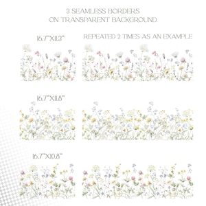 May include: Three seamless floral borders on a transparent background. The borders are 16.7 inches wide and vary in height. The borders feature watercolor illustrations of wildflowers in shades of pink, blue, yellow, and green.