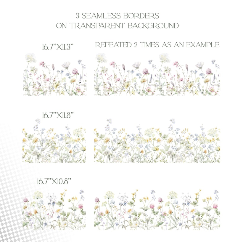 May include: Three seamless floral borders on a transparent background. The borders are 16.7 inches wide and vary in height. The borders feature watercolor illustrations of wildflowers in shades of pink, blue, yellow, and green.