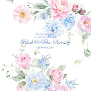 Akvarell rosa och blå blommig clipart – Pastellblommor – Grandmillennial bröllopsclip art – Rosa rosor – Digitala blomsterarrangemang