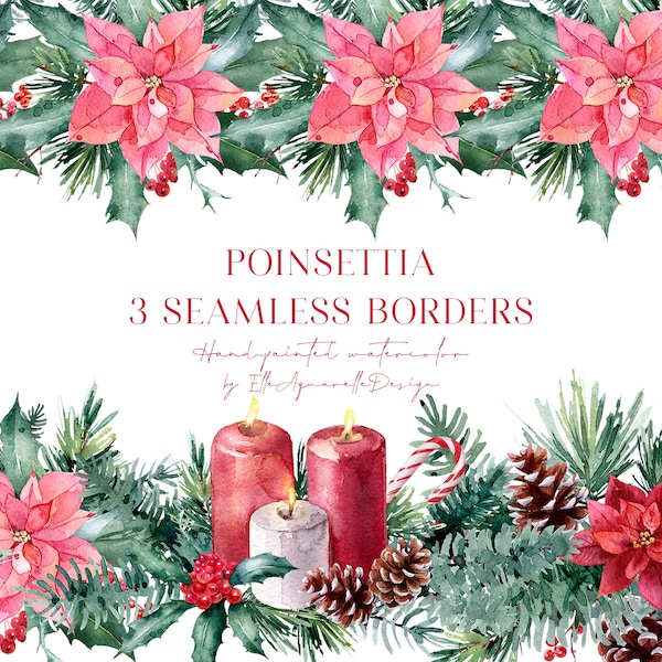 Watercolor Christmas border clipart, poinsettia border, poinsettia clipart, Christmas png, seamless border