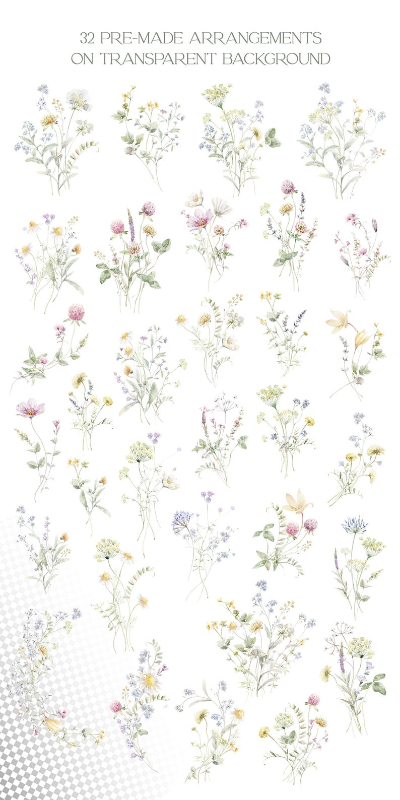 May include: 32 pre-made watercolor arrangements of wildflowers on a transparent background. The flowers are in shades of pink, yellow, blue, and green.