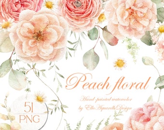 Könnte beinhalten: Aquarell-Illustration von pfirsichfarbenen Rosen und Grün. Die Illustration trägt den Titel "Peach floral" und enthält den Text "Handgemaltes Aquarell von Elle Aquarelle Design".