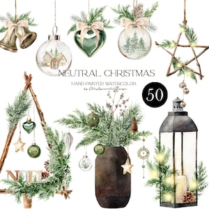 Clipart di Natale Boho, clipart di ornamenti natalizi neutri ad acquerello, acquerello di Natale rustico, acquerello di Natale di Noel