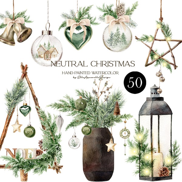 Boho Christmas clipart, watercolor neutral Christmas ornaments clipart, rustic Christmas watercolour, Noel Christmas aquarelle