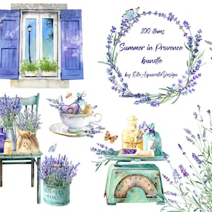 Clipart di lavanda ad acquerello, clipart di fattoria francese, clipart di Provenza, fiori viola, clip art per adesivi, bordo di lavanda ad acquerello