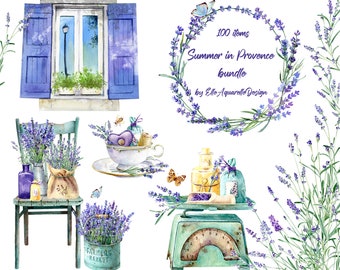 Akvarell lavendel clipart, fransk bondgård clipart, Provence clipart, lila blommor, clip art för klistermärken, akvarell lavendelkant
