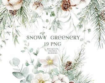 Watercolor winter greenery clipart, pine frames, winter graphics, botanical Christmas border, printable greeting card image digital download