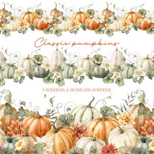 Imágenes prediseñadas de borde de calabaza de acuarela, imágenes prediseñadas de calabazas naranjas, borde floral de otoño, imágenes prediseñadas de otoño de acuarela, calabazas florales