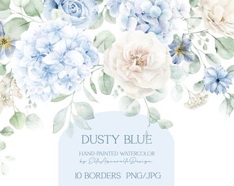 Dusty blue flowers watercolor clipart, dusty blue floral clipart, watercolor floral border, hydrangea, wedding clip art, digital border png