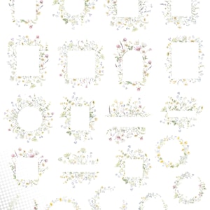 May include: 23 watercolor frames and wreaths with a floral design. The frames and wreaths are on a transparent background. The maximum size of the frames and wreaths is 27 inches on the longest side.