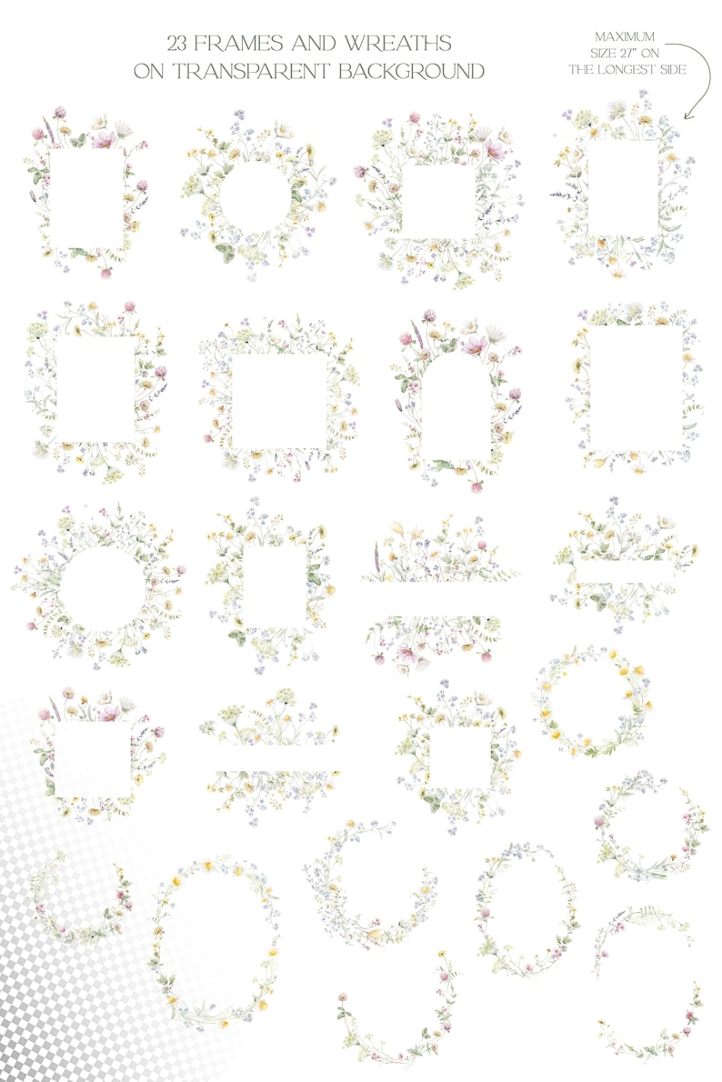 May include: 23 watercolor frames and wreaths with a floral design. The frames and wreaths are on a transparent background. The maximum size of the frames and wreaths is 27 inches on the longest side.