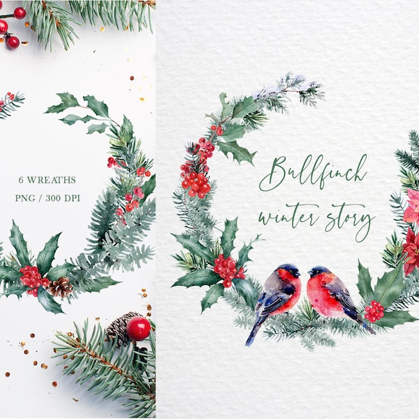 Watercolor Christmas clipart, cute winter birds clipart, bullfinch clip art, winter greenery clipart, Christmas wreath png, Christmas png