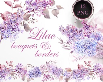 Spring flowers clipart, lilac clipart, watercolor floral clip art, seamless floral border, wedding clip art, purple flowers png, pink