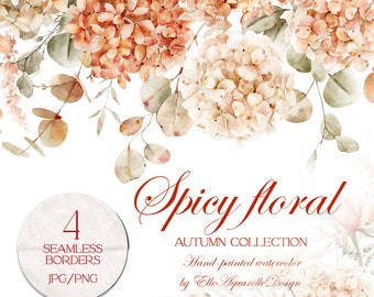 Könnte beinhalten: Eine Aquarell-Illustration eines floralen Bordürens mit Hortensien, Eukalyptusblättern und Beeren. Der Text "Spicy floral" und "Autumn Collection" ist in roter Kursivschrift geschrieben. Der Text "Hand-painted watercolor by Elle Aquarelle Design" ist in schwarzer Kursivschrift geschrieben.