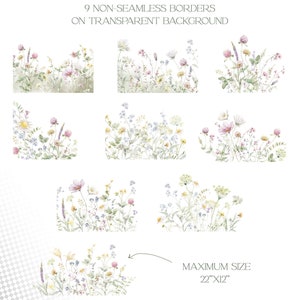 May include: Nine watercolor floral borders on a transparent background. The borders feature a variety of wildflowers in shades of pink, purple, blue, yellow, and green. The maximum size of the borders is 22 inches by 12 inches.