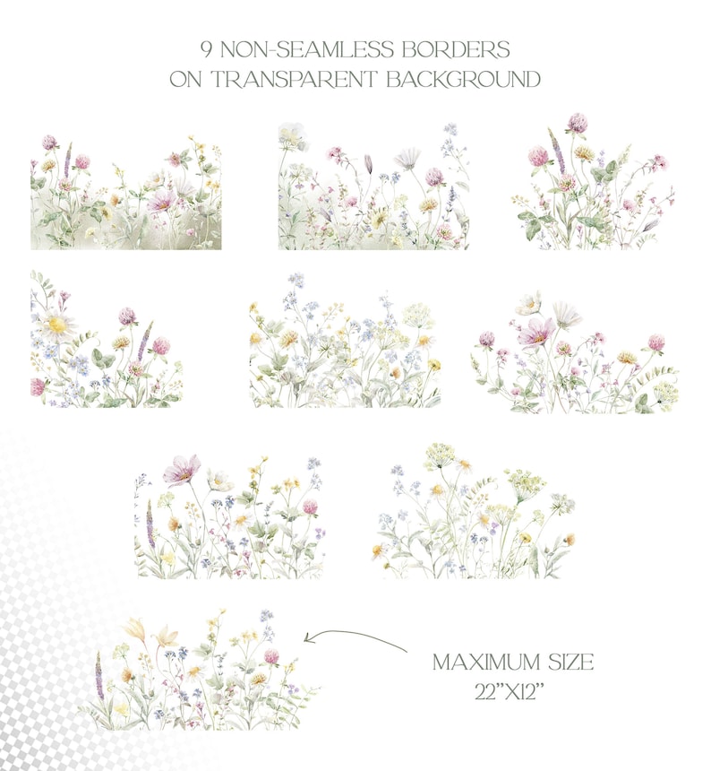 May include: Nine watercolor floral borders on a transparent background. The borders feature a variety of wildflowers in shades of pink, purple, blue, yellow, and green. The maximum size of the borders is 22 inches by 12 inches.
