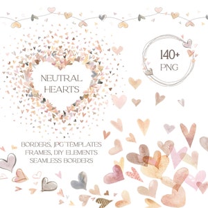 Watercolor Valentine clipart, Valentine heart png, Valentine's day clipart, seamless border, heart frame, card making, neutral heart, pastel