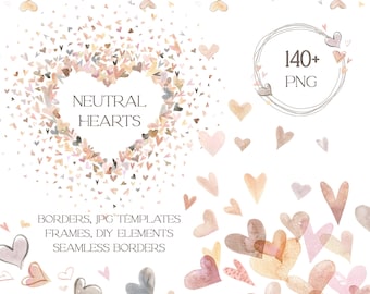 Imágenes prediseñadas de corazones en acuarela neutra, imágenes prediseñadas de San Valentín pintadas a mano, marcos, coronas y bordes de corazones beige, colección PNG para hacer tarjetas