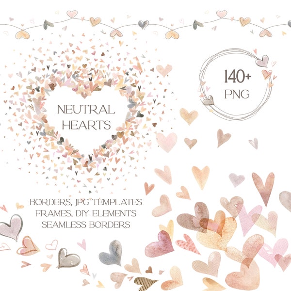 Watercolor Valentine clipart, Valentine heart png, Valentine's day clipart, seamless border, heart frame, card making, neutral heart, pastel