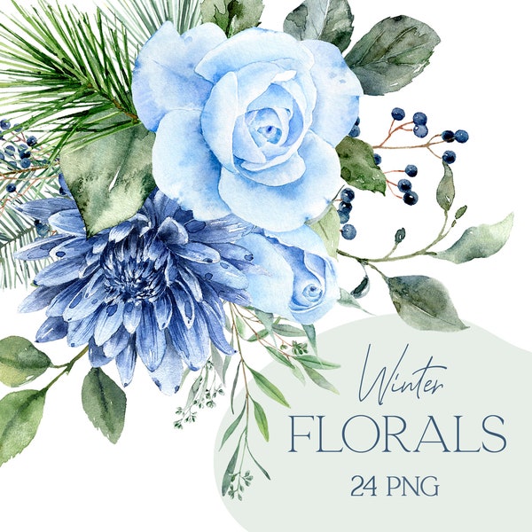 Blue floral clipart, blue flowers clip art, watercolor flower clipart, winter floral png, watercolour roses clip art, free commercial use