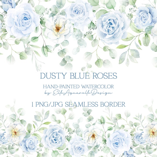 Watercolor floral border, dusty blue floral clipart, seamless border, roses wedding clip art, watercolor flowers clipart, blue, hand painted