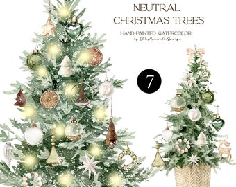 Boho Christmas tree clipart, watercolor neutral Christmas trees, rustic Christmas watercolour clip art, free commercial use