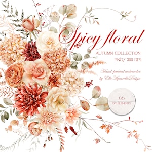 Aquarell Herbst Blumen Clipart, Herbst Blumen png, Terrakotta Blume, Boho Hochzeit, Hortensie, Boho Blumen Clipart, Pfirsich, Orange