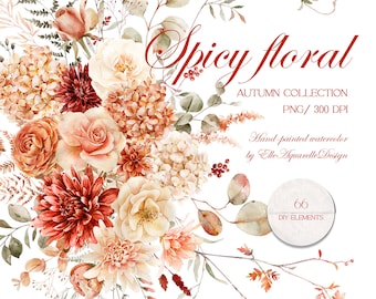 May include: A watercolor illustration of a bouquet of autumn flowers in shades of peach, cream, and burgundy. The bouquet includes roses, hydrangeas, dahlias, and eucalyptus leaves. The text "Spicy floral" and "Autumn Collection" is written above the bouquet.