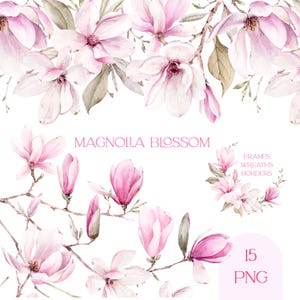 Clipart de magnólia aquarela, download digital de imagem gráfica de flores da primavera, borda floral rosa, clipart de moldura de flor aquarela