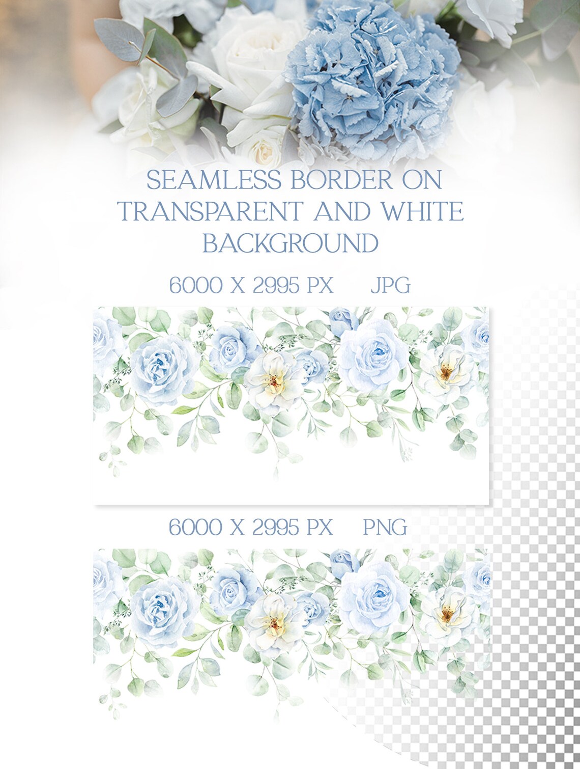 Watercolor Floral Border, Dusty Blue Floral Clipart, Seamless Border ...