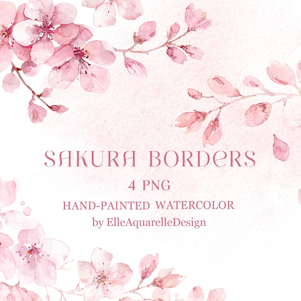 Watercolor floral border, cherry blossom clipart, pink flower clipart, sakura clip art, watercolor flowers clipart, digital blush floral png