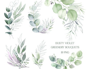 Greenery watercolor clipart, eucalyptus png, foliage clipart, green leaves watercolor, digital download, bridal, wedding clipart