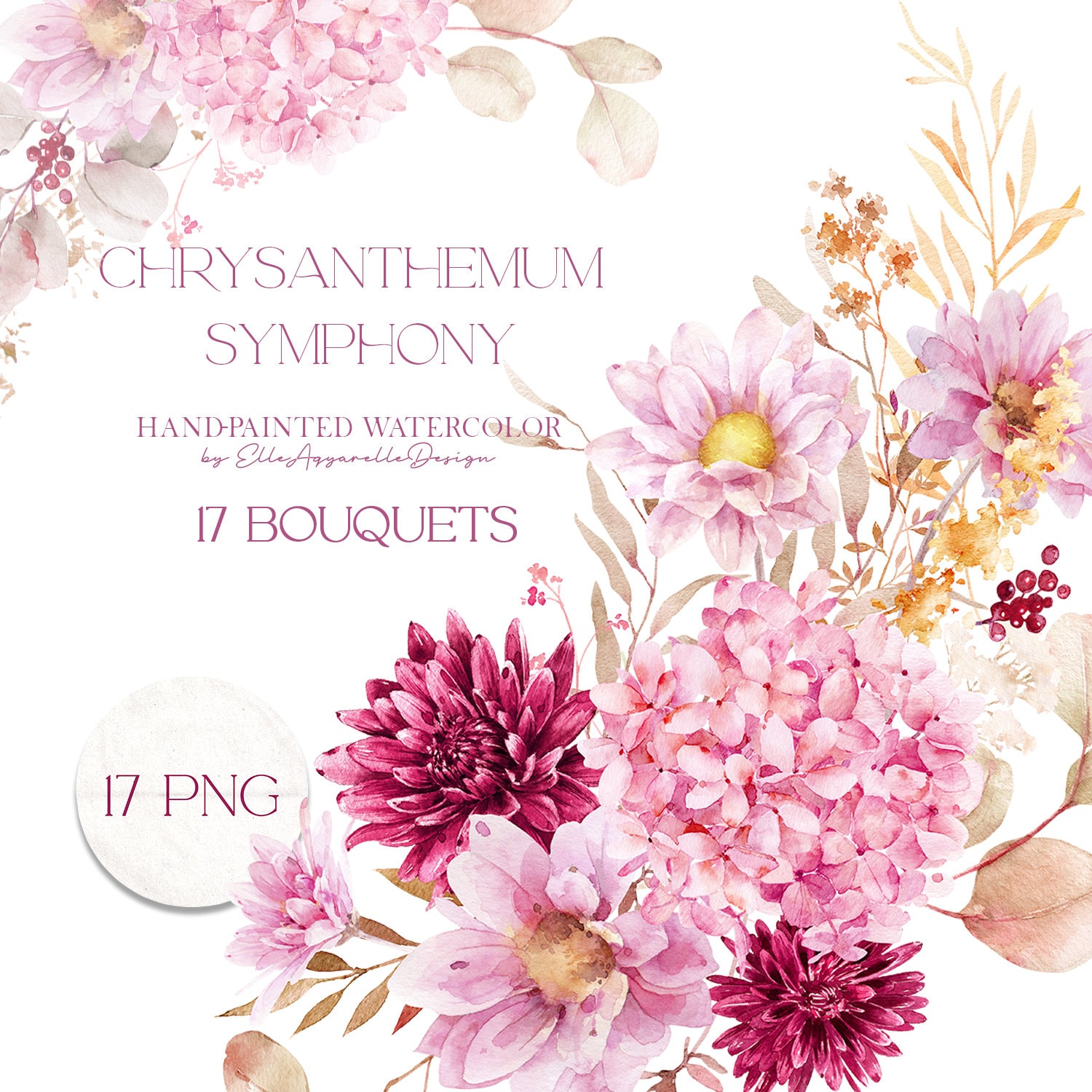Pink flower clipart, watercolor flowers clipart, pink floral watercolor clipart, chrysanthemum clipart, fucsia watercolor, commercial use