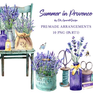 Imágenes prediseñadas de acuarela de casa de campo francesa, imágenes prediseñadas de Provenza, imágenes prediseñadas de lavanda en acuarela, rústicas, vintage, uso comercial gratuito