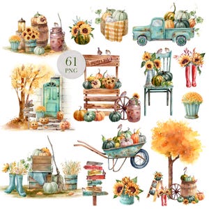 Hand-painted watercolor fall clipart autumn harvest clipart pumpkin cottagecore real watercolour Thanksgiving png image files