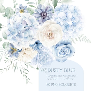 Light blue floral clipart, dusty blue flowers clipart, watercolor flower clipart, blue hydrangea png, wedding clip art, roses clip art