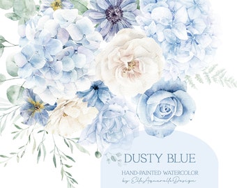 Light blue floral clipart, dusty blue flowers clipart, watercolor flower clipart, blue hydrangea png, wedding clip art, roses clip art