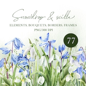 Aquarelle fleurs printanières clipart, clipart perce-neige, clipart jacinthe des bois, bordure florale printanière png, fleurs bleues, éléments de bricolage