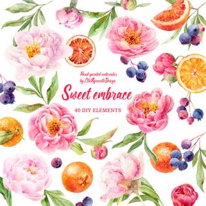 Puede incluir: Ilustración en acuarela con peonías rosas, rodajas de naranja, arándanos y hojas verdes. El texto "Sweet Embrace" está en escritura roja, con "40 DIY ELEMENTS" debajo. Pintado a mano por Elle Aquarelle Design.