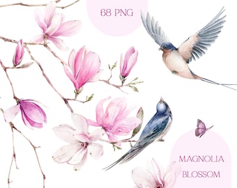 Peut inclure: Illustration aquarelle de fleurs de magnolia et d'hirondelles. Les fleurs sont roses et blanches, et les oiseaux sont bleus et bruns. L'image est sur un fond blanc. "Magnolia Blossom" est écrit en rose en bas de l'image.